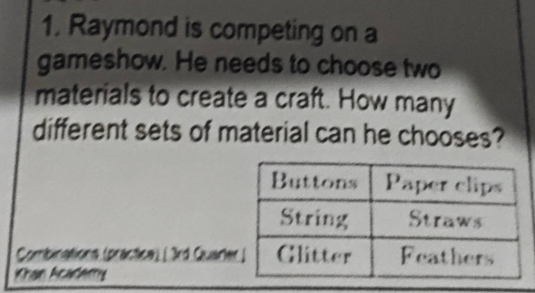 Raymond is competing on a 
gameshow. He needs to choose two 
materials to create a craft. How many 
different sets of material can he chooses? 
Combinations (practice) ( 3rd Quarie 
Khan Acadamy