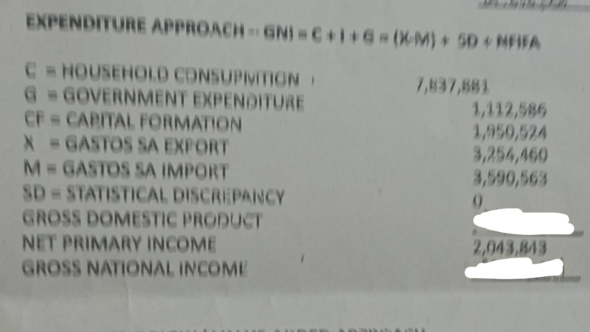 EXPENDITURE APPROACH - - GNI = C + 

·s ·s +mn

C= HOUSEHOLD CONSUPIVITION
7,837,881
G= GOVERNMENT EXPENDITurE
1,112,586
CF= CAPITAL FORMATION
1,959,524
x= GASTOS SA EXPORT
3,254,460
M= GASTOS SA IMPORT
3,590,563
SD= StatíSTICAL DISCREPANCY 
9 
GROS DOMESTIC PRODUCT 
NET PRIMARY INCOME 2,043,843
GROS NATIONAL INCOME