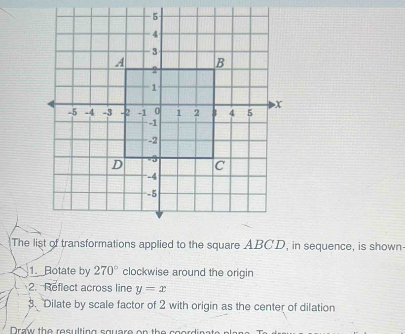 The list of transformations applied to the square ABCD, in sequence, is shown 
1. Rotate by 270° clockwise around the origin 
2. Reflect across line y=x
3. Dilate by scale factor of 2 with origin as the center of dilation 
Draw the resulting square on the coordinat