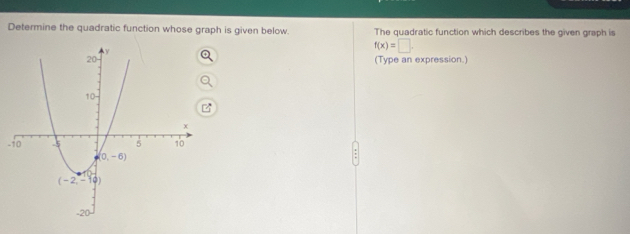 Determine the quadratic function whose graph is given below. The quadratic function which describes the given graph is
f(x)=□ .
(Type an expression.)
-