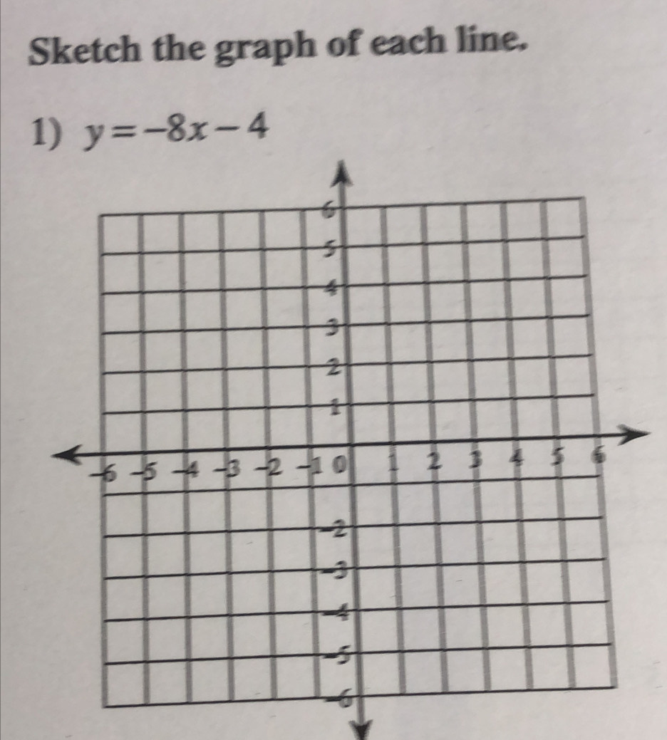 Sketch the graph of each line. 
1) y=-8x-4