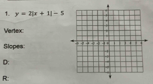 y=2|x+1|-5
Vertex: 
Slopes: 
D: 
R: