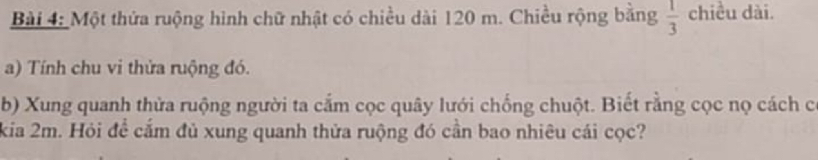 Một thứa ruộng hình chữ nhật có chiều dài 120 m. Chiều rộng bằng  1/3  chiều dài. 
a) Tính chu vi thửa ruộng đó. 
b) Xung quanh thừa ruộng người ta cắm cọc quây lưới chống chuột. Biết rằng cọc nọ cách c 
kia 2m. Hỏi để cấm đủ xung quanh thửa ruộng đó cần bao nhiêu cái cọc?