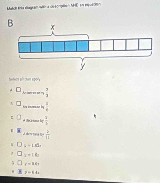 Match this diagram with a description AND an equation.
Select all that apply
A □ An increase by  2/3 
B □ An increase by  5/6 
C □ A decrease by  2/5 
D
A decrease by  5/11 
E y=1.83x
F y=1.6x
0 y=0.6x
H y=0.4x