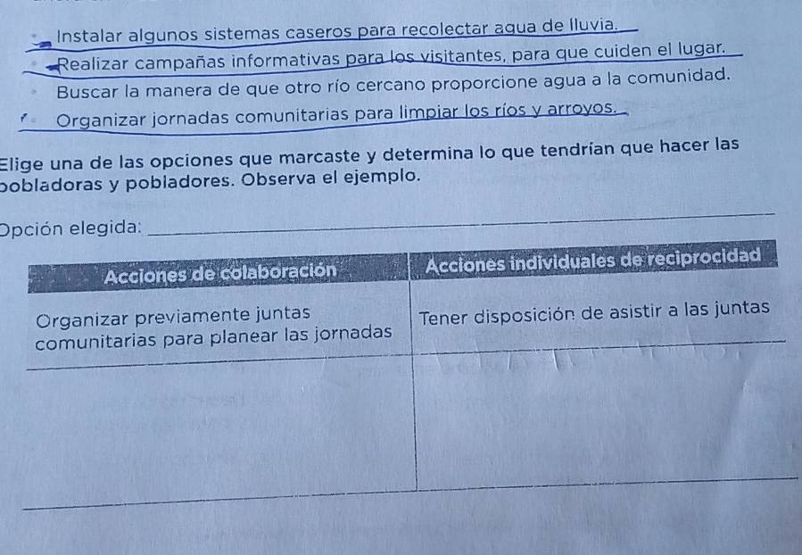 Instalar algunos sistemas caseros para recolectar agua de Íluvia.
Realizar campañas informativas para los visitantes, para que cuiden el lugar.
Buscar la manera de que otro río cercano proporcione agua a la comunidad.
Organizar jornadas comunitarias para limpiar los ríos y arroyos.
Elige una de las opciones que marcaste y determina lo que tendrían que hacer las
pobladoras y pobladores. Observa el ejemplo.
Op
_