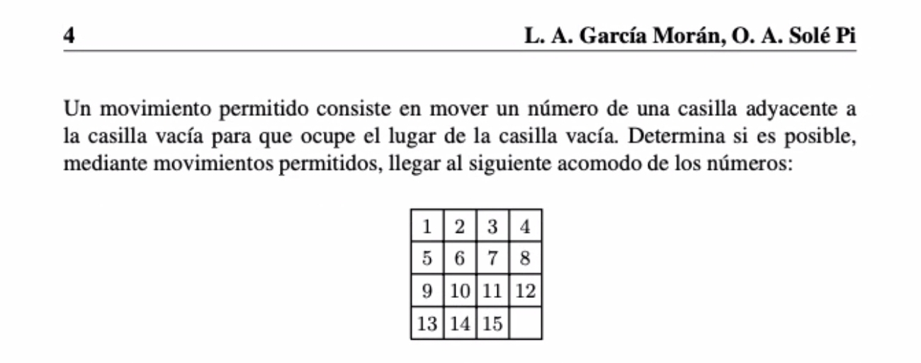 García Morán, O. A. Solé Pi 
Un movimiento permitido consiste en mover un número de una casilla adyacente a 
la casilla vacía para que ocupe el lugar de la casilla vacía. Determina si es posible, 
mediante movimientos permitidos, llegar al siguiente acomodo de los números: