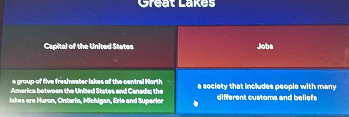 Great Lakes 
Capital of the United States Jobs 
a group of five freshwater lakes of the central North 
America between the United States and Canada; the 
a society that includes people with many 
lakes are Huron, Ontario, Michigan, Erie and Superior 
different customs and beliefs