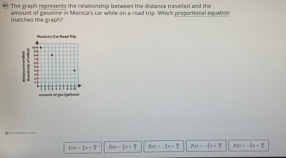 ⑩ The graph represents the relationship between the distance travelled and the .
amount of gasoline in Monica's car while on a road trip. Which proportional equation
matches the graph?
i You can eaen 5 coins
f(x)= 2/3 x+ 32/3  f(x)= 3/3 x+ 72/3  f(x)=- 2/3 x+ 12/3  f(x)=- 3/2 x+ 31/2  f(x)=- 3/2 x+ 23/2 