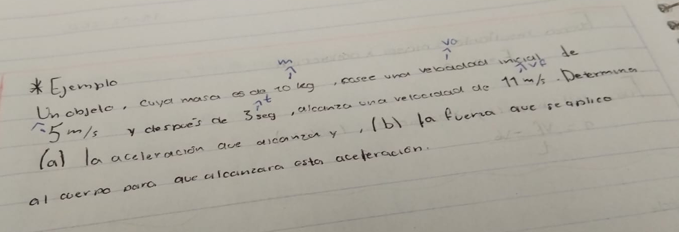 VO 
m 
* Ejemplo 
Unobjelo, cuya masa es dg to leg, easee ohen vebadad inpgt de
F.5/s y despie's de 33eg, alcanta ana veleisad ao 17m1. Determing 
(a) la aceleracion ace oiconzay, (b) fa fvena ave seanica 
al cverpo para aue alcanzara esta aceteracion.