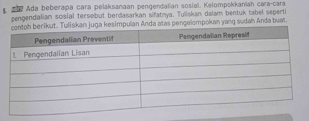 As Ada beberapa cara pelaksanaan pengendalian sosial. Kelompokkanlah cara-cara 
pengendalian sosial tersebut berdasarkan sifatnya. Tuliskan dalam bentuk tabel seperti 
simpulan Anda atas pengelompokan yang sudah Anda buat.