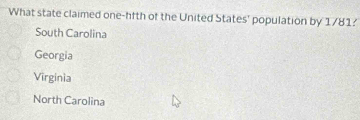 What state claimed one-hfth of the United States' population by 1/81?
South Carolina
Georgia
Virginia
North Carolina