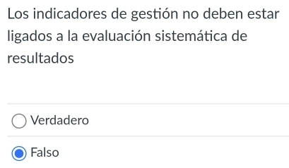 Los indicadores de gestión no deben estar
ligados a la evaluación sistemática de
resultados
Verdadero
Falso