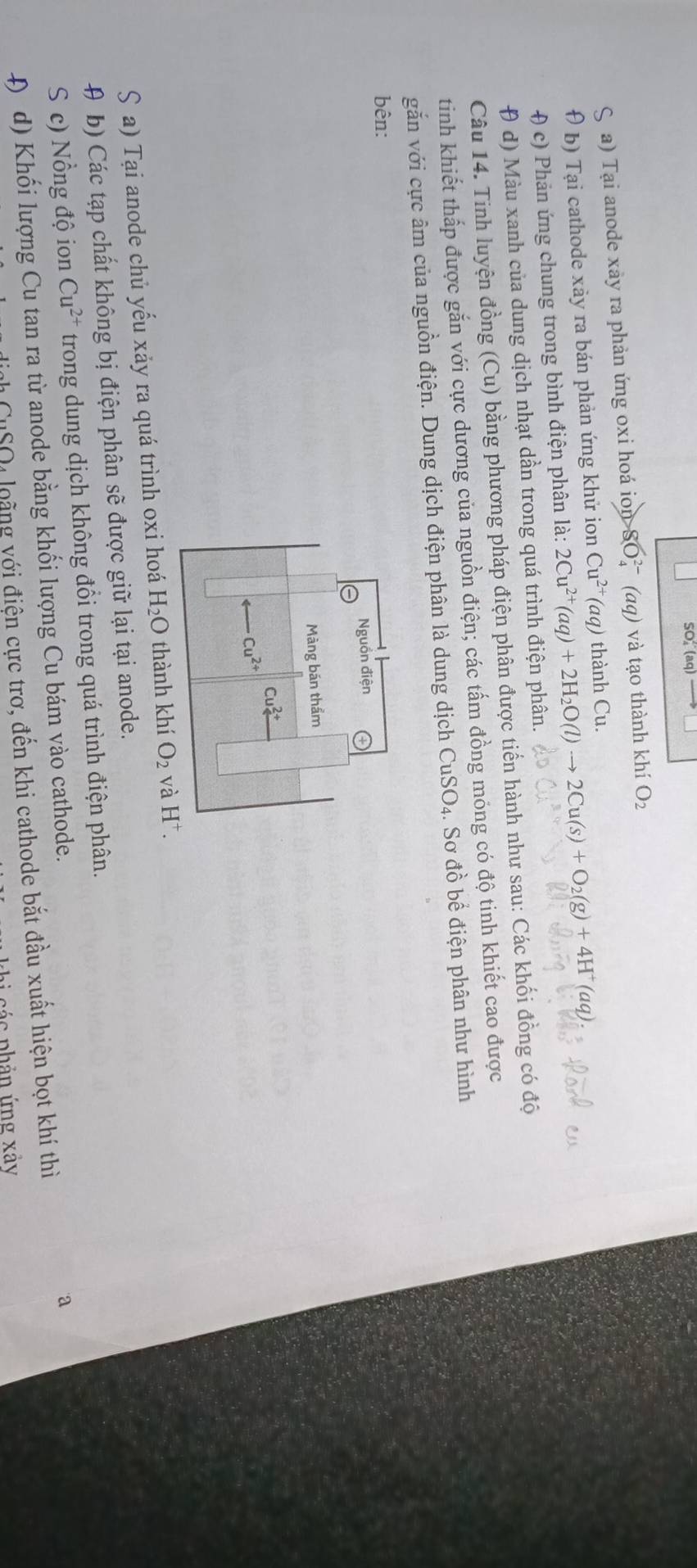 SO (aq) 
C a) Tại anode xày ra phản ứng oxi hoá ion SOỉ (αq) và tạo thành khí O_2
b) Tại cathode xày ra bán phản ứng khử ion Cu^(2+)(aq) thành Cu. 
() c) Phản ứng chung trong bình điện phân là: 2Cu^(2+)(aq)+2H_2O(l)to 2Cu(s)+O_2(g)+4H^+(aq)
θ d) Màu xanh của dung dịch nhạt dần trong quá trình điện phân. 
Câu 14. Tinh luyện đồng (Cu) bằng phương pháp điện phân được tiến hành như sau: Các khối đồng có độ 
tinh khiết thấp được gắn với cực dương của nguồn điện; các tấm đồng mỏng có độ tinh khiết cao được 
gắn với cực âm của nguồn điện. Dung dịch điện phân là dung dịch CuSO₄. Sơ đồ bể điện phân như hình 
bên: 
Nguồn điện 
Màng bán thẩm
Cu^(2+)
S a) Tại anode chủ yếu xảy ra quá trình oxi hoá H_2O thành khí O_2 và H^+. 
# b) Các tạp chất không bị điện phân sẽ được giữ lại tại anode. 
S c) Nổng độ ion Cu^(2+) trong dung dịch không đổi trong quá trình điện phân. 
4) d) Khối lượng Cu tan ra từ anode bằng khối lượng Cu bám vào cathode. 
a 
SOi loãng với điện cực trơ, đến khi cathode bắt đầu xuất hiện bọt khí thì 
c c p h ản ứng xảy