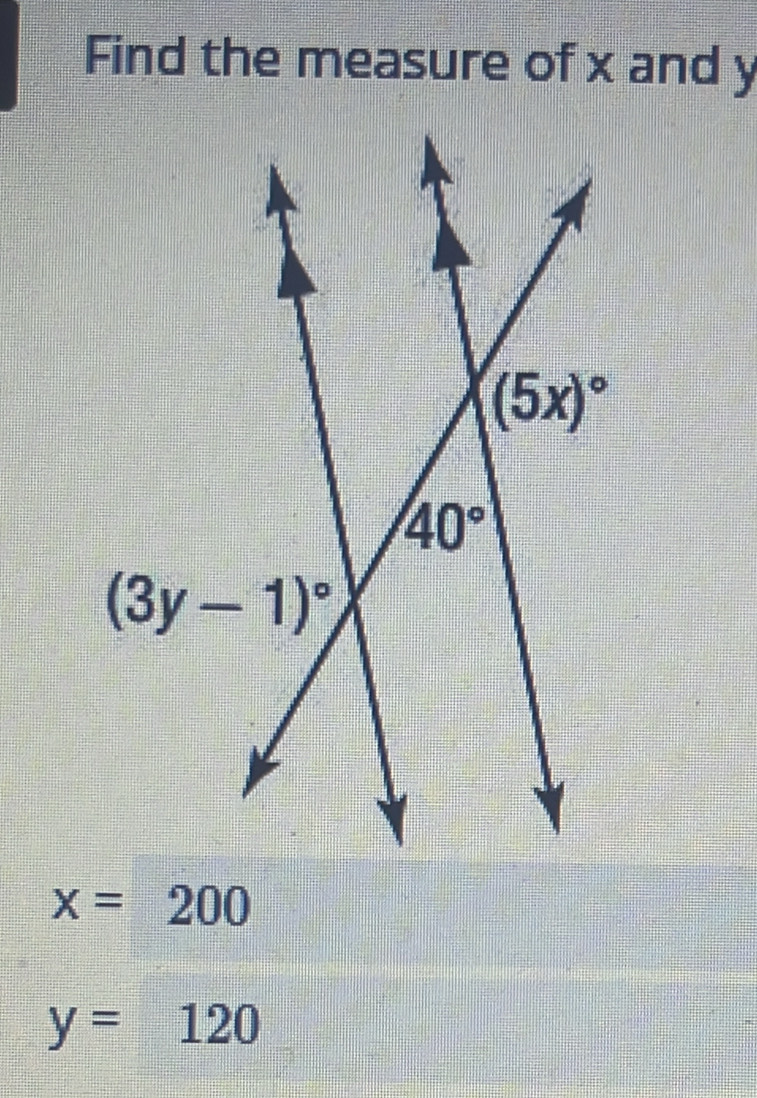 Find the measure of x and y
x=200
y=120