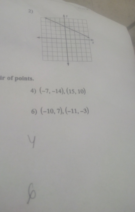 ir of points. 
4) (-7,-14),(15,10)
6) (-10,7), (-11,-3)