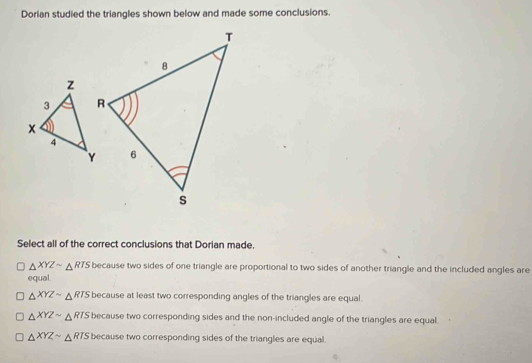 Solved: Dorian studied the triangles shown below and made some ...