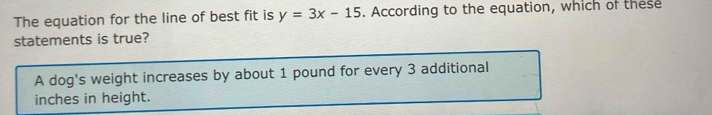 The equation for the line of best fit is y=3x-15. According to the equation, which of these
statements is true?
A dog's weight increases by about 1 pound for every 3 additional
inches in height.