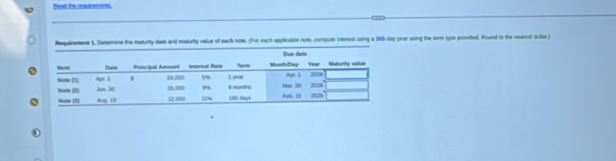 Pead the requirements 
Requirement 1 Determine the maturity date and maturity value of each note. (For each applicable note, compute interest using a 365-day year using the term type provided. Round to the nearest doflar)