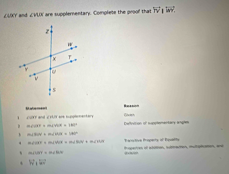 ∠ UXY and ∠ VUX are supplementary. Complete the proof that overleftrightarrow TVparallel overleftrightarrow WY. 
Statement Reason 
、 ∠ UXY and ∠ VUX are supplementary Given
m∠ UXY+m∠ VUX=180° Definition of supplementary angles 
3 m∠ SUV+m∠ VUX=180°
A m∠ UXY+m∠ VUX=m∠ SUV+m∠ VUX Transitive Property 9x° Equality 
Properties of addition, subtraction, multiplication, and 
8 m∠ UXY=m∠ 8UV
división 
6 overleftrightarrow Wparallel overleftrightarrow WV