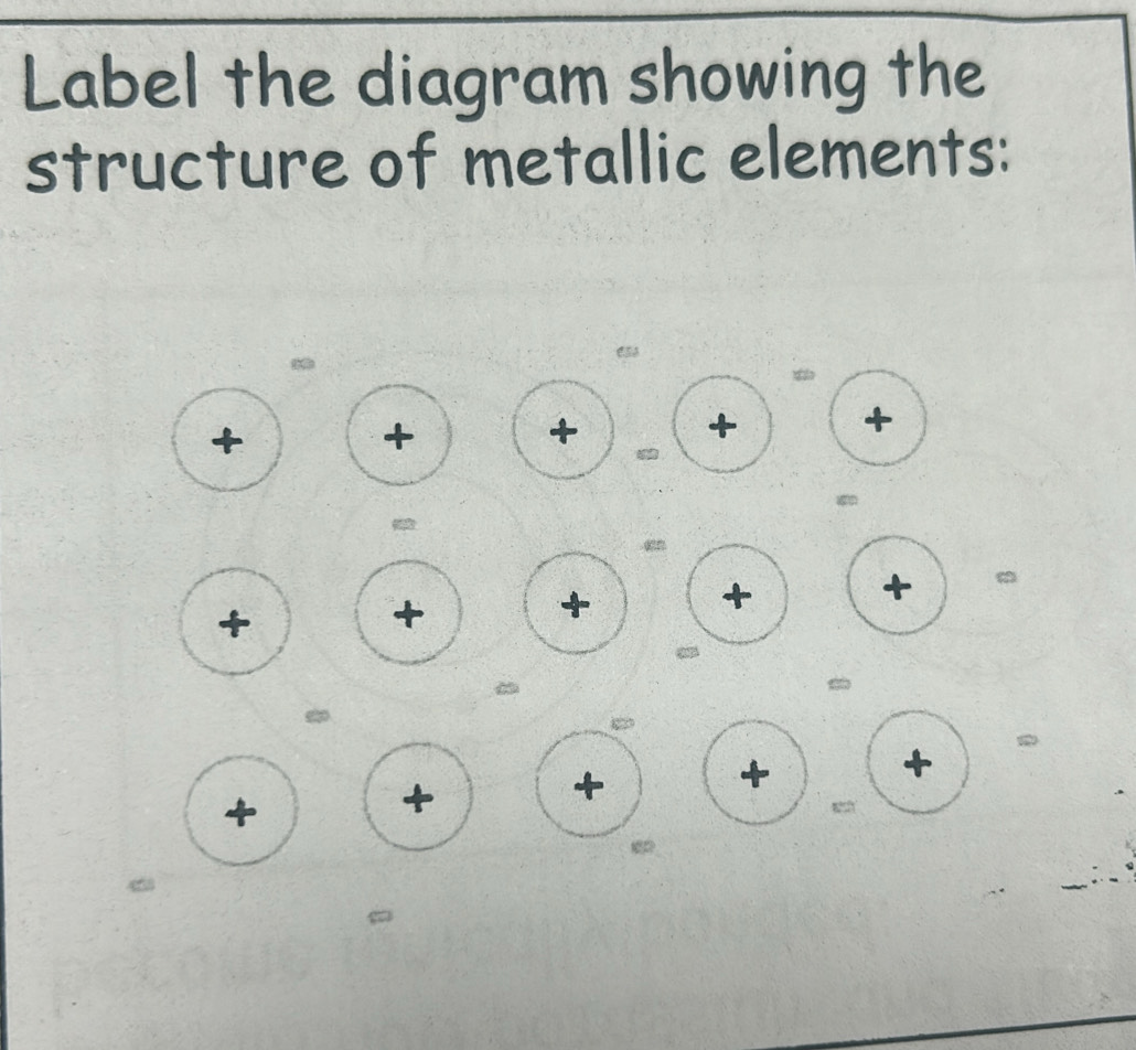 Label the diagram showing the 
structure of metallic elements: 

+ 
a