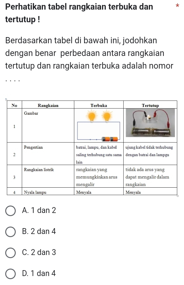 Perhatikan tabel rangkaian terbuka dan *
tertutup !
Berdasarkan tabel di bawah ini, jodohkan
dengan benar perbedaan antara rangkaian
tertutup dan rangkaian terbuka adalah nomor
A. 1 dan 2
B. 2 dan 4
C. 2 dan 3
D. 1 dan 4