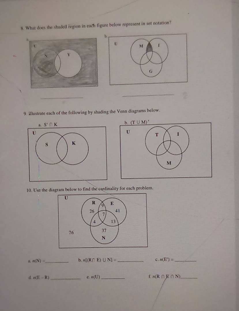 What does the shaded region in each figure below represent in set notation?
_
_
9. illustrate each of the following by shading the Venn diagrams below.
10. Use the diagram below to find the cardinality for each problem.
b. 
a. n(N)= _ n[(R∩ E)∪ N]= _c. n(E')= _
f
d. n(E-R) _c. n(U) _ n(R∩ E∩ N) _