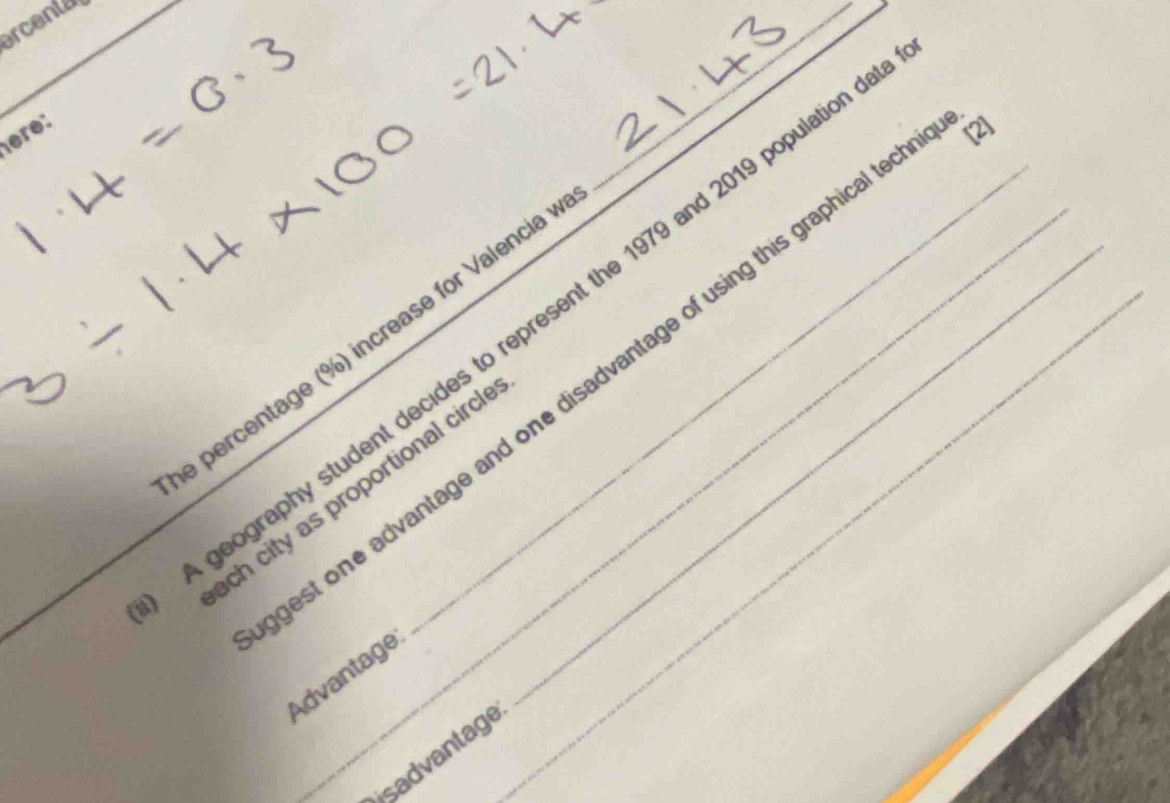 arcenta 
_ 
èré: 
_ 
[2] 
geography student decides to represent the 1979 and 2019 population 
e percentage (%) increase for Valencia_ 
st one advantage and one disadvantage of using this graphical te 
h city as proportional circl 
Advantage 
isadvantage_