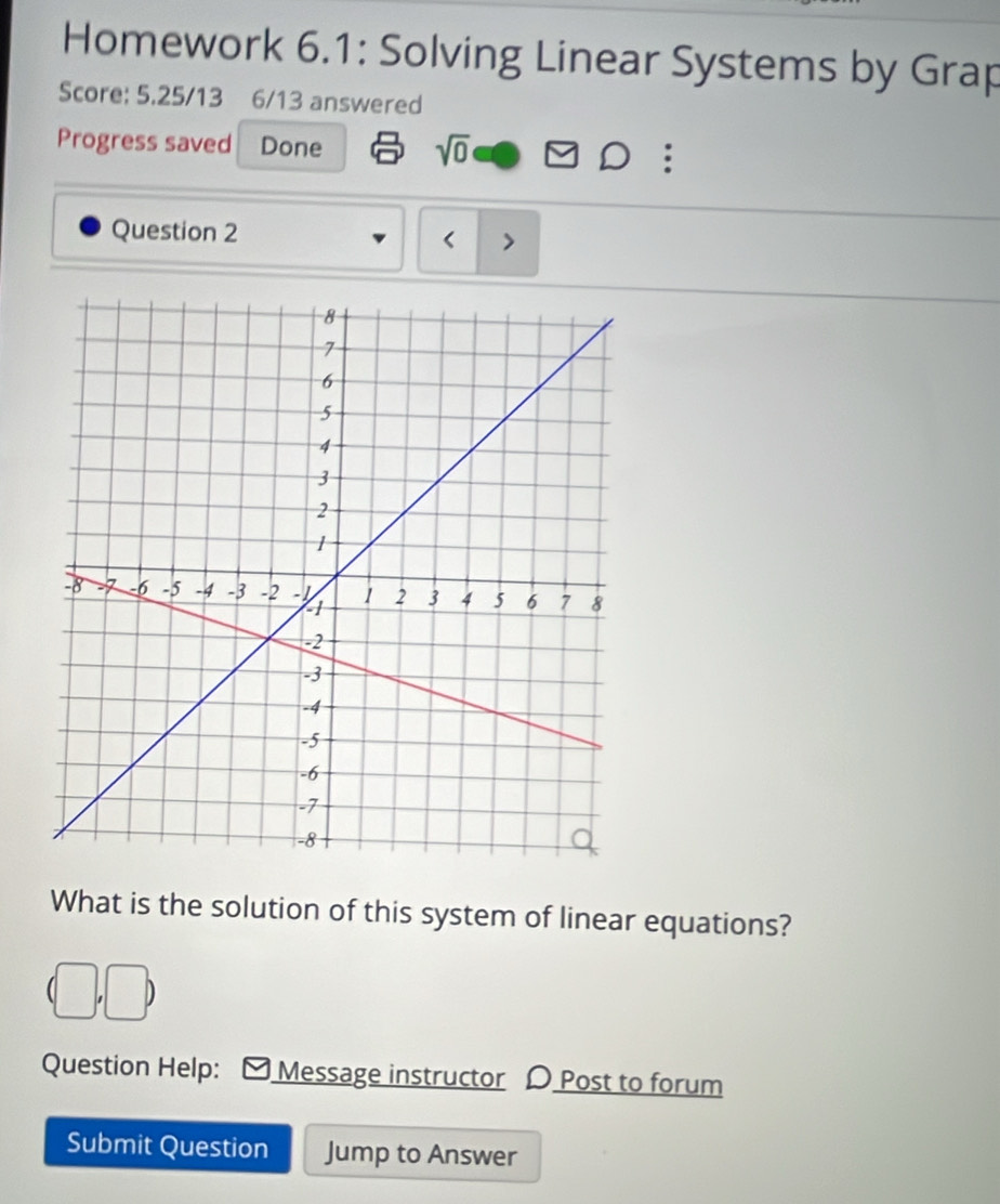 Homework 6.1: Solving Linear Systems by Grap 
Score: 5.25/13 6/13 answered 
Progress saved Done sqrt(0) 
Question 2 
< > 
What is the solution of this system of linear equations? 
Question Help: Message instructor D Post to forum 
Submit Question Jump to Answer