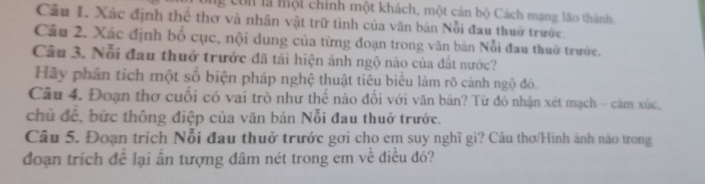 lg còn là một chính một khách, một cản bộ Cách mạng lão thành. 
Cầu I. Xác định thể thơ và nhân vật trữ tình của văn bản Nỗi đau thuở trước. 
Câu 2. Xác định bố cục, nội dung của từng đoạn trong văn bản Nỗi đau thuở trước. 
Câu 3. Nổi đau thuở trước đã tái hiện ảnh ngộ nào của đất nước? 
Hãy phân tích một số biện pháp nghệ thuật tiêu biểu làm rõ cảnh ngộ đó. 
Câu 4. Đoạn thơ cuối có vai trò như thế nào đối với văn bản? Từ đó nhận xét mạch - cảm xúc, 
chủ đề, bức thông điệp của văn bản Nỗi đau thuở trước. 
Câu 5. Đoạn trích Nỗi đau thuở trước gơi cho em suy nghĩ gì? Câu thơ/Hình ảnh nào trong 
đoạn trích để lại ấn tượng dâm nét trong em về điều đó?