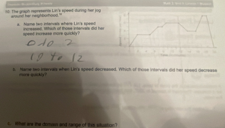 Mdl 2. Unil 3 Lonnen 7 Manpa 
10. The graph represents Lin's speed during her jog 
around her neighborhood." 
a. Name two intervals where Lin's speed 
increased. Which of those intervals did her 
speed increase more quickly? 
b. Name two intervals when Lin's speed decreased. Which of those intervals did her speed decrease 
more quickly? 
c. What are the domain and range of this situation?