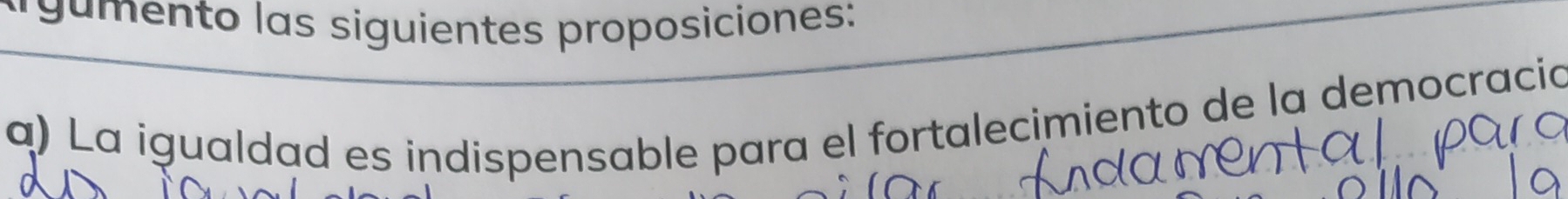 ga mento las siguientes proposiciones: 
a) La igualdad es indispensable para el fortalecimiento de la democració