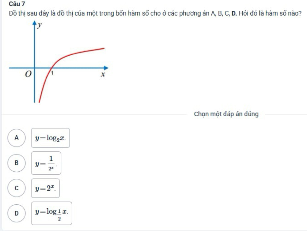 Đồ thị sau đây là đồ thị của một trong bốn hàm số cho ở các phương án A, B, C, D. Hỏi đó là hàm số nào?
Chọn một đáp án đúng
A y=log _2x.
B y= 1/2^x .
C y=2^x.
D y=log  1/2 x.