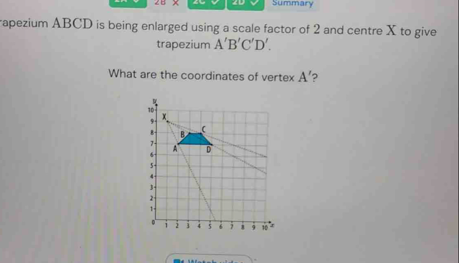 2D
ABCD is being enlarged using a scale factor of 2 and centre X to give 
trapezium A'B'C'D'. 
What are the coordinates of vertex A' 2