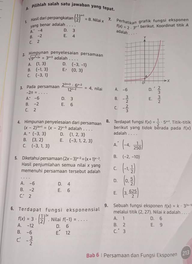 Pilihlah salah satu jawaban yang tepat.
1. Hasil dari perpangkatan ( 1/2 )^x+1=8. Nilai x 7. Perhatikan grafik fungsi eksponen
yang benar adalah
f(x)=2· 3^(x-1)
A.°-4 D. 3 berikut. Koordinat titik A
adalah , . .
B. -2 E. 4
C. 2
2. Himpunan penyelesaian persamaan
sqrt(9^(x^2)+3x)=3^(x+3) adalah_
A.  1,3 D.  -3,-1
B.  -1,3 E.  0,3
C.  -3,1
3, Pada persamaan  (2^(2n+3)· 6^(n-2))/12^(n-2) =4 , nilai A. -6 D.  2/3 
-2n=...
A. -6 D. 3 B. - 3/2  E.  3/2 
B. -2 E. 6
C. 2
C. - 2/3 
4. Himpunan penyelesaian dari persamaan 8. Terdapat fungsi f(x)= 1/2 · 5^(x+1). Titik-titik
(x-2)^3x+1=(x-2)^x-5 adalah . . . . berikut yang tidɑk berada pada f(x)
A.  -3,3 D.  1,2,3 adalah . . . .
B.  3,2 E.  -3,1,2,3 (-4, 1/250 )
C. (-3,1,3
A.'
5. Diketahui persamaan (2x-3)^x-2=(x+1)^x-2. B. (-2,-10)
Hasil penjumlahan semua nilai x yang
memenuhi persamaan tersebut adalah C. (-1, 1/2 )
_
A. -6 D. 4
D. (0, 5/2 )
B. -2 E. 6
C. 2
E. (3, 625/2 )
9. Sebuah fungsi eksponen f(x)=k· 3^(3x-5)
6. Terdapat fungsi eksponensial melalui titik (2,27). Nilai k adalah . . .
f(x)=3· ( 1/2 )^2x. Nilai f(-1)= _ A. 1 D. 6
A. -12 D. 6 B. 2 E. 9
B. -6 E. 12 C.3
c: - 3/2 
Bab 6 | Persamaan dan Fungsi Eksponen 213