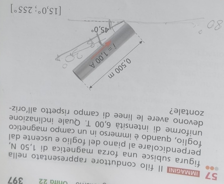 Unita 22 397
57 "MMεNI II filo conduttore rappresentato nella
figura subisce una forza magnetica di 1,50 N,
perpendicolare al piano del foglio e uscente dal
foglio, quando è immerso in un campo magnetico
uniforme di intensità 6,00 T. Quale inclinazione
devono avere le linee di campo rispetto all'oriz-
zontale?
0.500 m
i=1,00A
45,0°
[15,0°;255°]