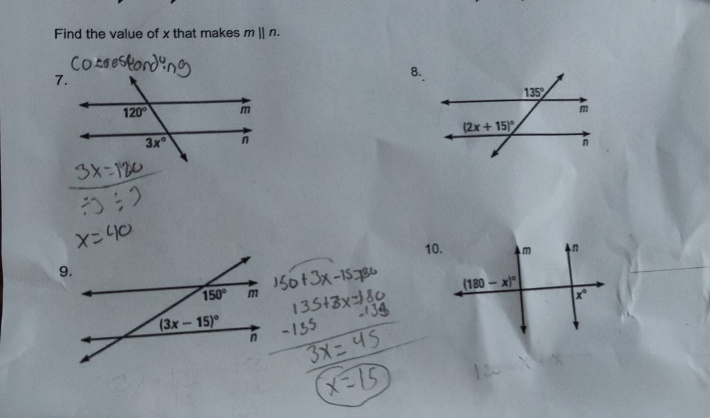 Find the value of x that makes mparallel n.
7.
8.
10.