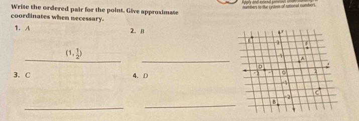Apply and extend previous undersiona 
numbers to the system of rational numbers. 
Write the ordered pair for the point. Give approximate 
coordinates when necessary. 
1. A 2. B
_ 
_
(1, 1/2 )
3、 C 4. D
_ 
_