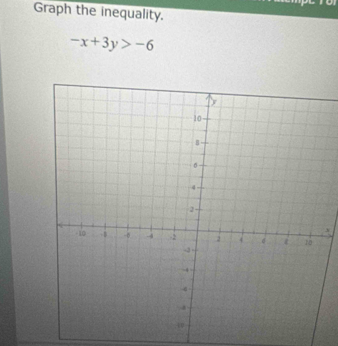 Graph the inequality.
-x+3y>-6
x