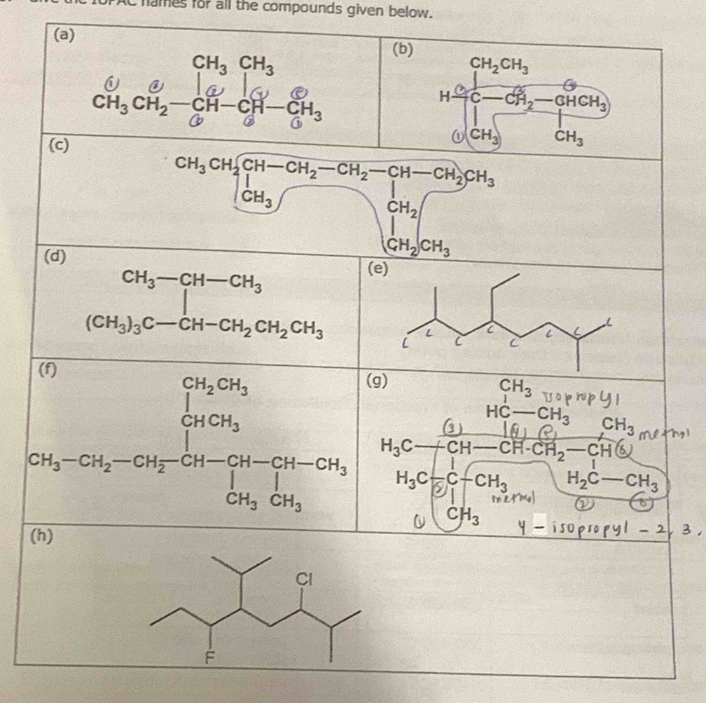 hames for all the compounds given below. 
(a) 
(b)
CH_3CH_3
CH_2CH_3
0 
H c- CH_2-GHCH_3
ω CH_3 CH_3
(c) 
(d) 
(e)
beginarrayr CH_3-CH-CH_3 (CH_3)_3C-CH-CH_2CH_2CH_3endarray
(g)
CH_3
HC-CH_3 CH_3
CH_2-CH_2-CH_3-CH_2-CH_3CH_2 CH_3-CH_2OH-CH_3 CH_3-CH_2OH_3 CH_3-CH_3endarray H_3C -CH-CH-CH_2-CH(6)
H_3C +C+C+ CH_3 H_2C-CH_3
C H_3
(h)