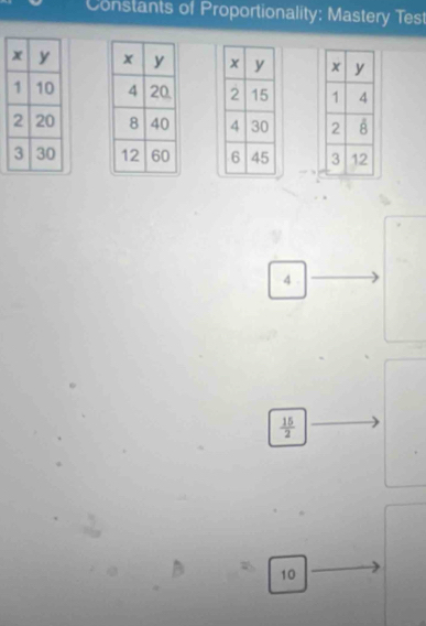 Constants of Proportionality: Mastery Test

4
 15/2 
7
10