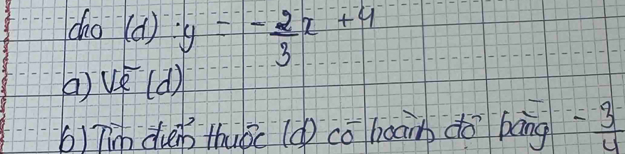 d_10(d):y=- 2/3 x+4
( sqrt(e)(d)
b) Tin dèng thuǒc (ǒ co boan do bāng = (-3)/4 