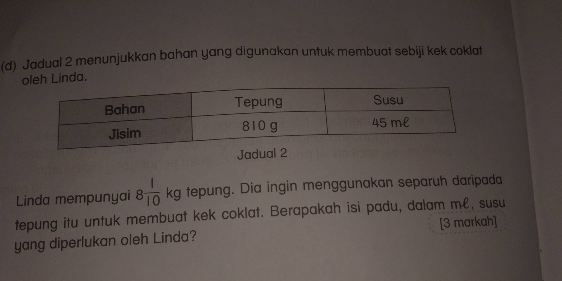 Jadual 2 menunjukkan bahan yang digunakan untuk membuat sebiji kek coklat 
h Linda. 
Jadua 
Linda mempunyai 8 1/10  k kg tepung. Dia ingin menggunakan separuh daripada 
tepung itu untuk membuat kek coklat. Berapakah isi padu, dalam ml, susu 
[3 markah] 
yang diperlukan oleh Linda?