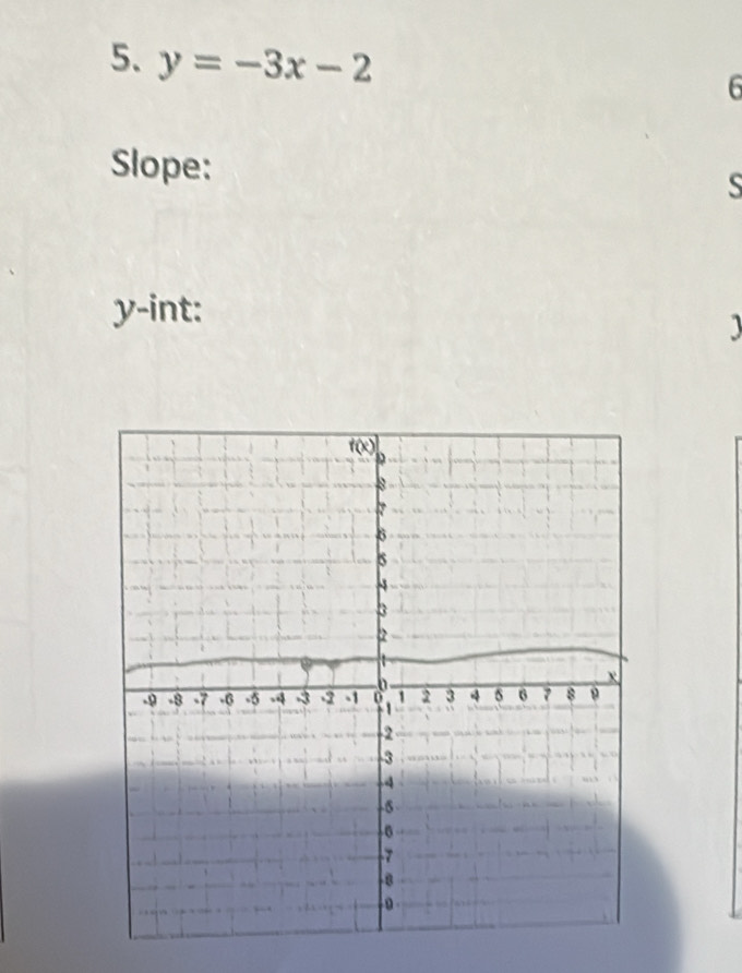 y=-3x-2
6 
Slope: 
S
y -int: