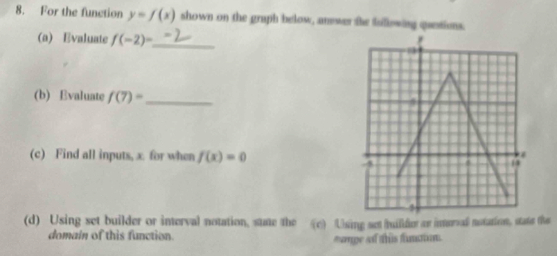 For the function y=f(x) shown on the graph below, answer the tollowing questions. 
(a) Evaluate f(-2)= _ 
(b) Evaluate f(7)= _ 
(c) Find all inputs, x. for when f(x)=0
(d) Using set builder or interval notation, sume the (c) Using set fuilidicr ar intorval notation, state the 
domain of this function. 
snge of this funion.