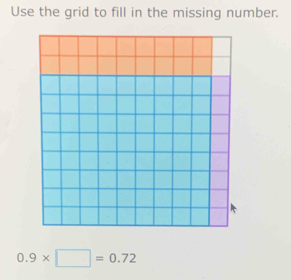 Use the grid to fill in the missing number.
0.9* □ =0.72