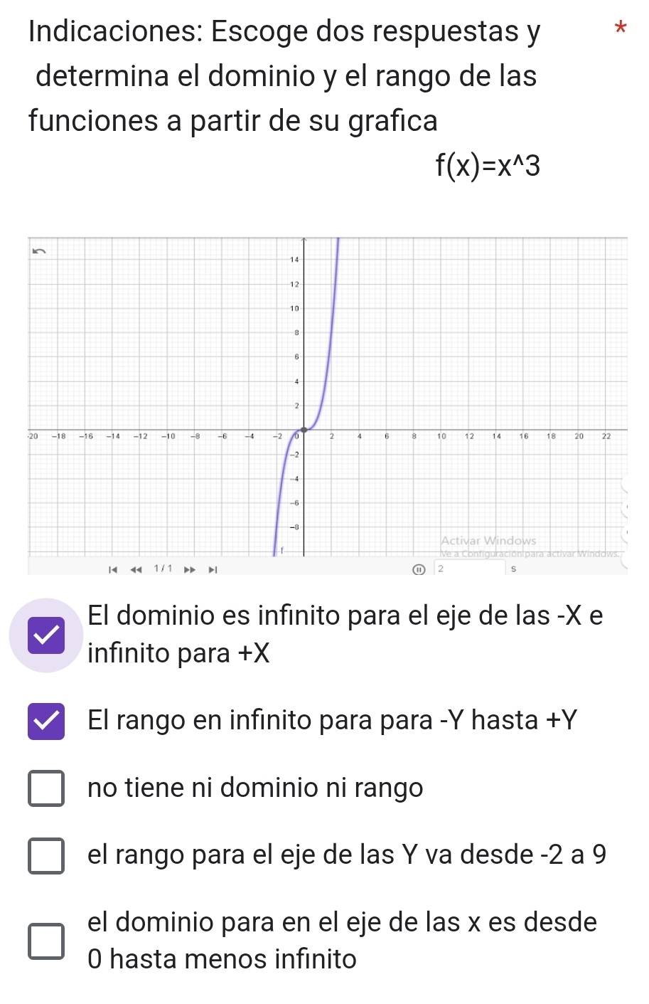 Indicaciones: Escoge dos respuestas y *
determina el dominio y el rango de las
funciones a partir de su grafica
f(x)=x^(wedge)3
El dominio es infinito para el eje de las -X e
infinito para +X
El rango en infinito para para - Y hasta +Y
no tiene ni dominio ni rango
el rango para el eje de las Y va desde -2 a 9
el dominio para en el eje de las x es desde
0 hasta menos infinito