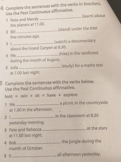 Complete the sentences with the verbs in brackets. 
Use the Past Continuous affirmative. 
1 Rose and Mandy _(learn) about 
the planets at 11.00. 
2 Bill _(stand) under the tree 
five minutes ago. 
3 1 _(watch) a documentary 
about the Grand Canyon at 8.30. 
4 We_ (hike) in the rainforest 
during the month of August. 
5 Julia_ (study) for a maths test 
at 7.00 last night. 
; Complete the sentences with the verbs below. 
Use the Past Continubus affirmative. 
look @ rain ● sit ● have ● explore 
1 We_ a picnic in the countryside 
at 1.00 in the afternoon. 
2 1_ in the classroom at 8.30
yesterday morning. 
3 Pete and Rebecca _at the stars 
at 11.00 last night. 
4 Bob _the jungle during the 
month of October. 
5 It _all afternoon yesterday.