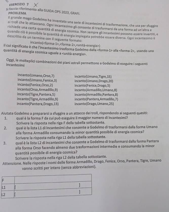 si faccia riferimento alla GUIDA OPS 2023, GRAFI.
PROBLEMA
Il grande mago Godelmo ha inventato una serie di incantesimi di trasformazione, che usa per sfuggire
ai troll che lo attaccano. Ogni incantesimo gli consente di trasformarsi da una forma ad un’altra e
richiede una certa quantità di energia cosmica. Non sempre gli incantesimi possono essere invertiti, e
quando ciò è possibile la quantità di energia impiegata potrebbe essere diversa. Ogni incantesimo è
descritto da un termine con il seguente formato:
incanto(,,)
il cui significato è che l'incantesimo trasforma Godelmo dalla alla , usando una
quantità di energia cosmica uguale a.
Oggi, le molteplici combinazioni dei piani astrali permettono a Godelmo di eseguire i seguenti
incantesimi
incanto(Umano,Orso,7) incanto(Umano,Tigre,15)
incanto(Umano,Fenice,3) incanto(Umano,Drago,20)
incanto(Fenice,Orso,2) incanto(Fenice,Drago,5)
incanto(Orso,Armadillo,9) incanto(Armadillo,Umano,8)
incanto(Tigre,Pantera,5) incanto(Armadillo,Pantera,8)
incanto (Tigre,Armadillo,9) incanto (Pantera, Armadillo,7)
incanto(Pantera,Drago,13) incanto(Drago,Umano,25)
Aiutate Godelmo a prepararsi a sfuggire a un attacco dei troll, rispondendo ai seguenti quesiti:
1. qual è la forma F da cui può eseguire il maggior numero di incantesimi?
Scrivere la risposta nella riga F della tabella sottostante.
2. qual è la lista L1 di incantesimi che consente a Godelmo di trasformarsi dalla forma Umano
alla forma Armadillo consumando la minor quantità possibile di energia cosmica?
Scrivere la risposta nella riga L1 della tabella sottostante.
3. qual è la lista L2 di incantesimi che consente a Godelmo di trasformarsi dalla forma Pantera
alla forma Orso facendo almeno due trasformazioni intermedie e consumando la minor
quantità possibile di energia cosmica?
Scrivere la risposta nella riga L2 della tabella sottostante.
Attenzione. Nelle risposte i nomi delle forme Armadillo, Drago, Fenice, Orso, Pantera, Tigre, Umano
vanno scritti per intero (senza abbreviazioni).