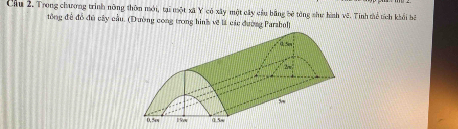 Trong chương trình nông thôn mới, tại một xã Y có xây một cây cầu bằng bê tông như hình vẽ. Tính thể tích khối bê 
tông đề đồ đủ cây cầu. (Đường cong trong hình vẽ là các đường Parabol)