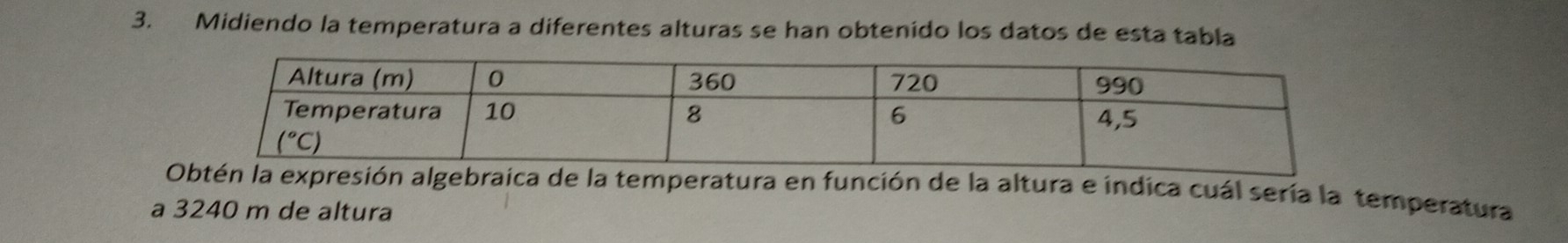 Midiendo la temperatura a diferentes alturas se han obtenido los datos de esta tabla
la expresión algebraica de la temperatura en función de la altura e indica cuál sería la temperatura
a 3240 m de altura